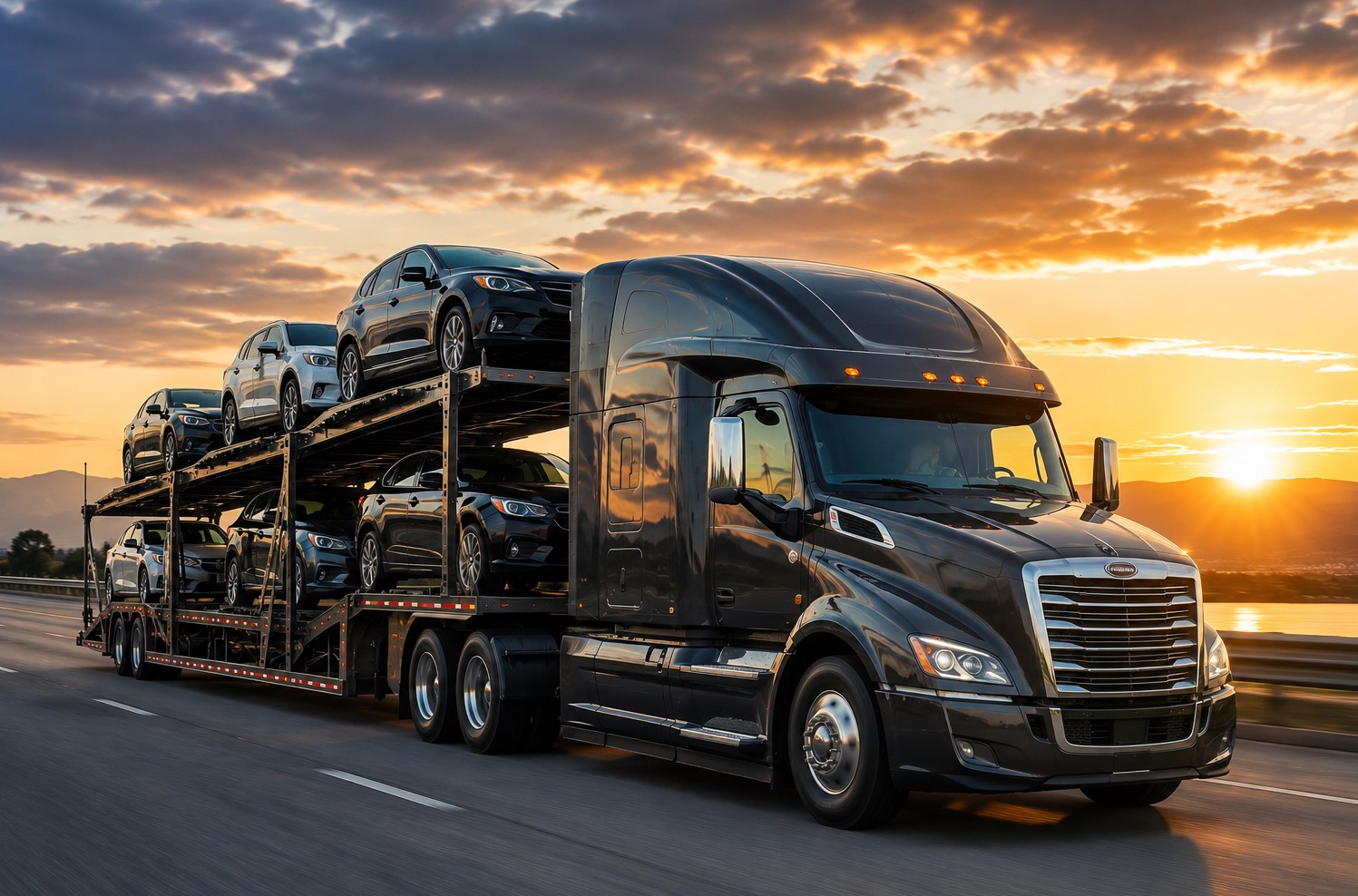 Expedited car shipping at sunset with cars loaded