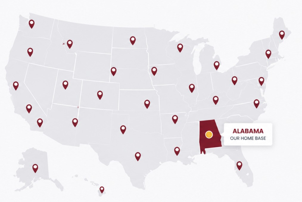 US coverage map showing Alabama as home base with delivery destinations across all 50 states
